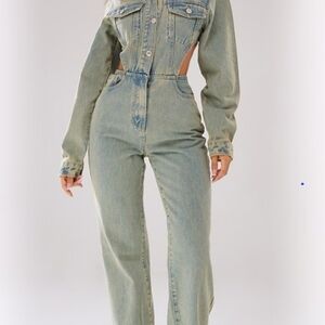 PrettyLittleThing Blue Denim Overalls High-Waisted Wide-Leg